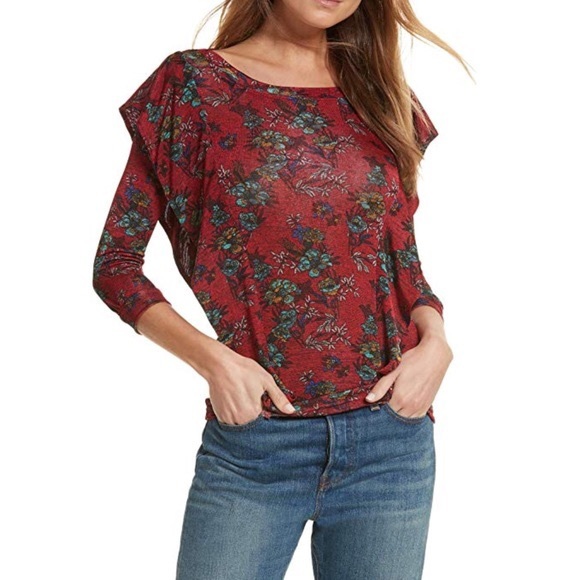 Free People Tops - Free People Red Floral Top w/ Long Sleeves, Size L